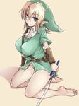  bare_legs barefoot batatata77 belt between_breasts blonde_hair blue_eyes breasts covered_nipples earrings feet full_body genderswap genderswap_(mtf) hat jewelry kneeling large_breasts link long_hair looking_at_viewer master_sword pointy_ears simple_background soles solo the_legend_of_zelda toes 