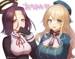  :d atago_(kantai_collection) bad_id bad_twitter_id beret black_gloves blonde_hair blue_eyes blush breasts gloves hat kantai_collection large_breasts long_hair mechanical_halo military military_uniform multiple_girls open_mouth pink_eyes purple_eyes purple_hair short_hair smile tatsuta_(kantai_collection) translated twitter_username uniform veryberry00 