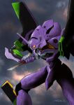  commentary_request eva_01 evangelion_(mecha) feet_out_of_frame glowing glowing_eye holding holding_knife holding_weapon horns knife mecha mecha_focus nakamura_jun&#039;ichi neon_genesis_evangelion no_humans open_mouth prog_knife robot science_fiction signature single_horn solo standing super_robot weapon yellow_eyes 