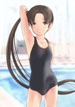  alternate_costume arm_up armpits ayanami_(kantai_collection) blush brown_hair highres kantai_collection long_hair looking_at_viewer one-piece_swimsuit side_ponytail smile solo swimsuit wa_(genryusui) 