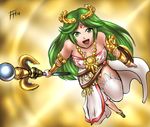  1girl breasts female gauntlet gauntlets goddess green_eyes green_hair hair_ornament jewelry kid_icarus large_breasts leggings long_hair looking_at_viewer lots_of_jewelry necklace nintendo open_mouth palutena shield smile solo staff thighhighs weapon 