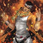  aruolrn black_hair bracelet dark_skin dark_skinned_male fire headband jewelry jojo_no_kimyou_na_bouken male_focus mohammed_avdol necklace solo 