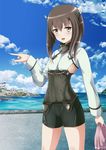  bike_shorts blush brown_hair cloud day dock flat_chest headgear highres inoshira kantai_collection long_hair looking_at_viewer open_mouth pointing sky solo standing taihou_(kantai_collection) yellow_eyes 