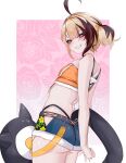  1girl absurdres ahoge arms_behind_back ass bikini blonde_hair blue_shorts brown_hair denim denim_shorts gigi_murin gigi_murin_(holonatsu_paradise) highres hololive hololive_english micro_shorts multicolored_hair orange_bikini pink_eyes sharp_teeth shorts solo soup_(soupysoull) swimsuit tail teeth two-tone_hair virtual_youtuber 
