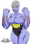  2014 big_breasts breasts cleavage clothed clothing female josemalvado looking_at_viewer machoke muscles muscular_female nintendo pok&eacute;mon smile solo video_games 