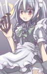  apron arm_at_side blouse blue_dress braid crescent_moon dress evil_grin evil_smile grin hair_between_eyes hair_ribbon highres holding holding_knife izayoi_sakuya knife knives_between_fingers looking_at_viewer maid_apron maid_headdress moon neck_ribbon puffy_short_sleeves puffy_sleeves qt_project red_eyes ribbon shaded_face short_hair short_sleeves silver_hair smile solo touhou tress_ribbon twin_braids white_blouse 