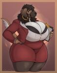  abstract_background anthro belly big_belly big_breasts black_hair black_nose blue_eyes bottomwear breasts brown_body brown_fur canid canine canis claws closed_smile clothed clothing domestic_dog ear_piercing ear_ring female female_anthro finger_claws floppy_ears fur hair hi_res huge_breasts jezzlen mammal millie_(jezzlen) mouth_closed overweight overweight_anthro overweight_female pants piercing red_bottomwear red_clothing red_pants red_topwear ring_piercing smile solo standing topwear white_body white_claws white_clothing white_fur white_topwear wide_hipped_anthro wide_hipped_female 
