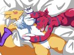  blush breasts claws digimon dragon female fur gloves guilmon pussy renamon reptile scalie toe_claws yellow_fur 
