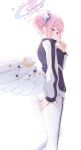  1girl absurdres alternate_costume alternate_hairstyle ass black_jacket blue_archive blush closed_mouth commentary_request daran9 double_bun feathered_wings hair_bun hair_ornament hand_up highres jacket long_sleeves low_wings mika_(blue_archive) multicolored_jacket pants pantylines pink_hair pout puffy_long_sleeves puffy_sleeves simple_background solo track_jacket white_background white_pants white_wings wings yellow_eyes 
