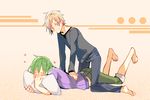  1girl bad_id bad_pixiv_id barefoot blush brown_eyes brown_hair closed_eyes green_hair kagerou_project kano_shuuya kido_tsubomi long_hair massage pillow sennro short_hair 