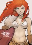  armor bikini_armor breasts cape fur green_eyes jinbei long_hair medium_breasts red_hair red_sonja red_sonja_(comics) smile solo 