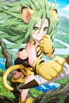  1girl animal_ears animal_hands animal_hug animal_print blush boomerang cat_ears cham_cham dress gloves green_eyes green_hair grin hair_between_eyes highres holding_boomerang light_particles long_hair looking_at_viewer monkey paku_paku paw_gloves paw_shoes river samurai_spirits shoes shoulder_blush sleeveless sleeveless_dress smile solo standing_on_branch tail tiger_print twitter_username yorozu 