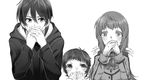  2boys aki_(neyuki41028) covering_mouth greyscale kihara_tsumugu long_hair monochrome mukaido_manaka multiple_boys nagi_no_asukara school_uniform shiodome_akira short_hair 