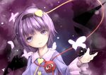  bug butterfly chestnut_mouth hairband head_tilt heart highres insect komeiji_satori long_sleeves lv21 open_mouth outstretched_hand pink_hair portrait purple_eyes purple_hair shirt short_hair solo third_eye touhou 