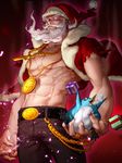  abs animal beard belt bird bobblehat buckle chain collarbone cowboy_shot cross cross_necklace facial_hair glowing glowing_eyes gold_chain hat jewelry kaizin_rumble kenny_(poe90) looking_at_viewer male_focus manly muscle navel necklace pants pendant penguin pink_eyes santa_claus santa_hat solo standing white_hair 