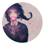  braid circle flower holding holding_flower messy_hair original petals purple_eyes purple_hair school_uniform serafuku solo yumeno_yume 