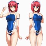  2girls apron blue_eyes blue_one-piece_swimsuit bow breasts brown_eyes closed_mouth commission frilled_apron frills hair_bow highleg highleg_one-piece_swimsuit highres hisui_(tsukihime) kohaku_(tsukihime) looking_at_viewer maid maid_apron maid_headdress multiple_girls multiple_views one-piece_swimsuit one_eye_closed pixiv_commission red_hair short_hair siblings sisters smile swimsuit tsukihime two-tone_one-piece_swimsuit unconventional_maid white_background yoo_tenchi 