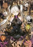  1girl absurdres bare_shoulders breasts demon_girl demon_horns drei_(fate) dress eins_(fate) fate/grand_order fate_(series) green_eyes grey_hair highres horns large_breasts light_(nightty45) lilith_(celebratory_attire)_(fate) lilith_(fate) long_hair looking_at_viewer smile twintails zwei_(fate) 