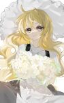  1girl apron blonde_hair closed_mouth commentary dress ebi_mayopuri flower hat highres holding holding_flower kirisame_marisa leaf light_smile long_hair smile solo symbol-only_commentary touhou upper_body waist_apron white_dress white_flower witch_hat yellow_eyes 