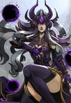  armor black_legwear breasts cleavage ear_protection elbow_gloves energy_ball fingerless_gloves floating_hair forehead_jewel forehead_protector gloves glowing glowing_eyes helmet large_breasts league_of_legends lips lipstick long_hair makeup neo-tk.. nose orb pauldrons purple_eyes silver_hair solo syndra thighhighs vambraces very_long_hair 