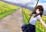  armpit_peek artist_name bangs black_hair blush cloud commentary_request day dutch_angle field flower hair_ornament hairclip kazuharu_kina long_hair looking_at_viewer mountain open_mouth original outdoors outstretched_arms pleated_skirt pointing road scenery school_uniform short_sleeves skirt sky smile solo spread_arms vanishing_point watermark web_address 