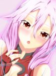 bare_shoulders blush breasts center_opening cleavage detached_sleeves fingerless_gloves gloves guilty_crown hair_ornament hairclip long_hair looking_at_viewer open_mouth pink_hair red_eyes small_breasts solo swift twintails yuzuriha_inori 