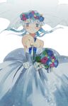  ansatsu_kyoushitsu bare_shoulders blue_hair bouquet bridal_veil dress flower highres kataoka_megu knife long_hair una_(mazinger) veil wedding_dress 