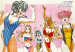  1990s_(style) 5girls aqua_hair arm_up arms_up bikini black_eyes black_hair blonde_hair blue_eyes blue_one-piece_swimsuit breasts brown_eyes brown_hair casual_one-piece_swimsuit cindy_sakurai cleavage closed_eyes clothes_writing copyright_name double_bun graduation_(series) hair_bun inuzuka_saori ishibashi_misako large_breasts long_hair medium_breasts multiple_girls navel non-web_source official_art one-piece_swimsuit open_mouth pink_hair profile red_bikini retro_artstyle scan shirt short_hair short_sleeves sotsugyou_ii:_neo_generation strapless strapless_bikini swimsuit takei_masaki tani_yurika tied_shirt yasuda_maina 