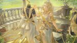  1girl aglaea_(honkai:_star_rail) ancient_greek_clothes bare_shoulders blonde_hair breasts dress ergouzi_echo flower garmentmaker_(honkai:_star_rail) greco-roman_clothes green_eyes hair_between_eyes hair_flower hair_ornament head_wreath honkai:_star_rail honkai_(series) jewelry large_breasts laurel_crown mannequin parted_lips second-party_source short_hair solo white_dress yellow_nails 