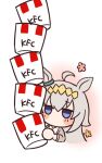  1girl ahoge animal_ears blue_eyes ear_ornament glutton grey_hair hair_between_eyes hair_ornament hairband holding horse_ears horse_girl kfc long_hair long_sleeves oguri_cap_(umamusume) shinonome_karen shirt solo umamusume 