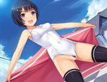  black_hair censored cloud day dutch_angle exhibitionism hair_ornament hairpin highres navel one-piece_swimsuit original outdoors pubic_hair purple_eyes pussy school_swimsuit short_hair sky solo spread_legs standing swimsuit swimsuit_aside thighhighs tokyo_big_sight towel white_school_swimsuit white_swimsuit yokaze_japan 