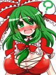  ? blush bow breasts cleavage frills green_eyes green_hair hair_bow hair_tubes highres kagiyama_hina large_breasts long_hair open_mouth rindou_(p41neko) simple_background solo spoken_question_mark touhou 