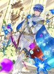  1boy blue_eyes blue_hair fire_emblem fire_emblem:_monshou_no_nazo fire_emblem_cipher flower formal full_body gloves groom looking_at_viewer male_focus marth nintendo official_art short_hair smile suit suzuki_rika tiara tuxedo white_gloves white_suit 