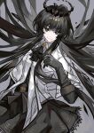  1girl absurdres arknights ascot belt black_ascot black_belt black_eyes black_gloves black_hair black_halo black_skirt cen_(acheng02806053) closed_mouth collared_shirt diamond-shaped_pupils diamond_(shape) elbow_gloves floating_hair gloves grey_background halo highres lace-trimmed_skirt lace_trim long_hair looking_at_viewer shirt short_sleeves skirt smile solo symbol-shaped_pupils very_long_hair virtuosa_(arknights) white_shirt yellow_pupils 