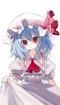  1girl ascot blue_hair bow collared_shirt commentary_request dress ebi_mayopuri hat hat_ribbon highres light_smile mob_cap red_ascot red_eyes remilia_scarlet ribbon shirt short_hair smile solo touhou upper_body white_background white_hat 
