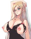  bare_shoulders blonde_hair blue_eyes breasts cleavage flower glasses hair_flower hair_ornament huge_breasts long_hair nenchi nipples original parted_lips puffy_nipples shadow simple_background skindentation solo white_background 
