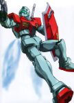  1990s_(style) assault_visor beam_gun blue_visor earth_federation gm_(mobile_suit) gundam highres holding holding_weapon katoki_hajime machinery mecha mecha_focus mobile_suit mobile_suit_gundam no_humans official_art promotional_art retro_artstyle robot roundel scan science_fiction shield solo thrusters traditional_media weapon white_background 