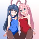  2girls animal_ear_hairband animal_ears black_pantyhose blue_bow blue_bowtie blue_eyes blue_hair blue_leotard bow bowtie breasts commentary_request cowboy_shot detached_collar fake_animal_ears hairband highres holding_hands kagamihara_nadeshiko leotard long_hair medium_breasts multiple_girls pantyhose pink_hair playboy_bunny purple_eyes rabbit_ears red_bow red_bowtie red_leotard sakuzo shima_rin side-tie_leotard small_breasts smile standing strapless strapless_leotard wrist_cuffs yurucamp 