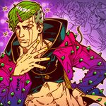  abs akira_atsushi crop_top curtained_hair facial_scar green_hair hair_ornament hairclip happy higashikata_joubin higashikata_joushuu higashikata_jousuke_(jojolion) jojo_no_kimyou_na_bouken jojolion looking_at_viewer male_focus md5_mismatch midriff multiple_boys nail_polish navel scar scar_across_eye scar_on_cheek smile spikes 