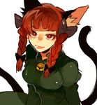  animal_ears bell braid cat_ears cat_tail damenaito dress green_dress hair_ribbon kaenbyou_rin red_eyes red_hair ribbon smile solo tail touhou twin_braids 