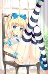  :p adapted_costume alice_(wonderland) alice_in_wonderland bekotarou blonde_hair blue_eyes blush bow chair choker drill_hair garter_straps hair_bow highres leg_up panties sitting solo striped striped_legwear thighhighs tongue tongue_out twintails underwear white_panties wrist_cuffs 