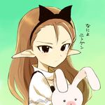  brown_hair gradient gradient_background green_background hairband hiboshi_daizu idolmaster idolmaster_(classic) long_hair minase_iori pointy_ears purple_eyes solo stuffed_animal stuffed_bunny stuffed_toy translated upper_body 