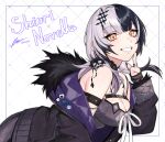  1girl :d absurdres arm_strap black_choker black_coat black_dress black_hair black_nails bloom_(irys) blunt_bangs breast_strap breasts character_name chattino_(raora_panthera) choker cleavage coat commentary commission dasdokter dress fur-trimmed_coat fur_trim gloom_(irys) grey_hair grin hand_up highres hololive hololive_english jailbird_(nerissa_ravencroft) jewelry large_breasts leaning_forward long_hair looking_at_viewer multicolored_hair nail_polish off_shoulder ring shiori_novella shiori_novella_(1st_costume) simple_background sleeveless sleeveless_dress smile solo split-color_hair virtual_youtuber watermark white_background yellow_eyes yorick_(shiori_novella) 