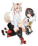  animal_ears bare_shoulders black_hair breasts detached_sleeves geta hat inubashiri_momiji looking_at_viewer lunatic_rabbit medium_breasts multiple_girls open_mouth pointy_ears red_eyes shameimaru_aya short_hair silver_hair simple_background tail tokin_hat touhou v white_background wolf_ears wolf_tail 