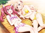  :d beach bikini blonde_hair blue_eyes blush chair fuguriya game_cg hair_ribbon hand_on_own_stomach heart heart-shaped_pupils long_hair lounge_chair lying matsubara_yuuna multiple_girls oda_nanami on_back on_side open_mouth peko pink_eyes pink_hair ribbon side-tie_bikini smile sono_hanabira_ni_kuchizuke_wo swimsuit symbol-shaped_pupils twintails yuri 