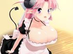  1girl areola_slip areolae blush breasts cleavage demon_girl demon_tail female horns huge_breasts kaimantokage long_hair maid pink_hair pointy_ears purple_eyes shiny shiny_skin tail tongue tongue_out 
