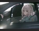  1boy 1girl aroha_j black_jacket blue_archive blush bow braid brown_eyes car_interior closed_mouth commentary_request grey_hair hair_between_eyes hair_bow hair_ribbon halo head_rest highres jacket long_hair long_sleeves looking_at_viewer miyo_(blue_archive) ribbon ribbon_braid seatbelt sensei_(blue_archive) white_bow 