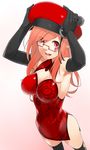 bare_shoulders china_dress chinese_clothes cleavage_cutout dress elbow_gloves glasses gloves hat kochiya_(gothope) phantasy_star phantasy_star_online_2 pointy_ears red_eyes red_hair solo thighhighs 