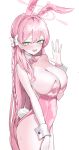 1girl absurdres alternate_costume animal_ears blue_archive blush bow braid breasts cleavage fake_animal_ears green_eyes hair_bow halo hanako_(blue_archive) highres large_breasts leotard long_hair looking_at_viewer nephthys2356 open_mouth pink_hair pink_halo pink_leotard rabbit_ears simple_background single_braid solo white_background white_bow 