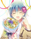  angel_beats! blue_hair bouquet closed_eyes flower highres hinata_(angel_beats!) male_focus nishinomiya_saku school_uniform shinda_sekai_sensen_uniform short_hair 